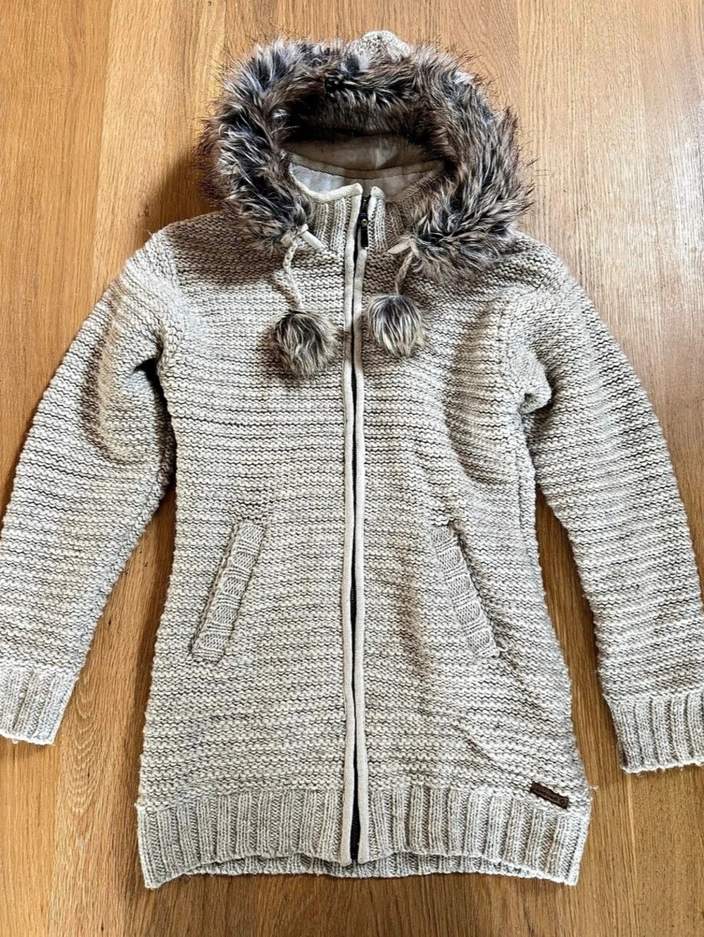 Laundromat Jacket 100% Wool Faux Fur Hood Chunky Knit Sweater Coat Cream S